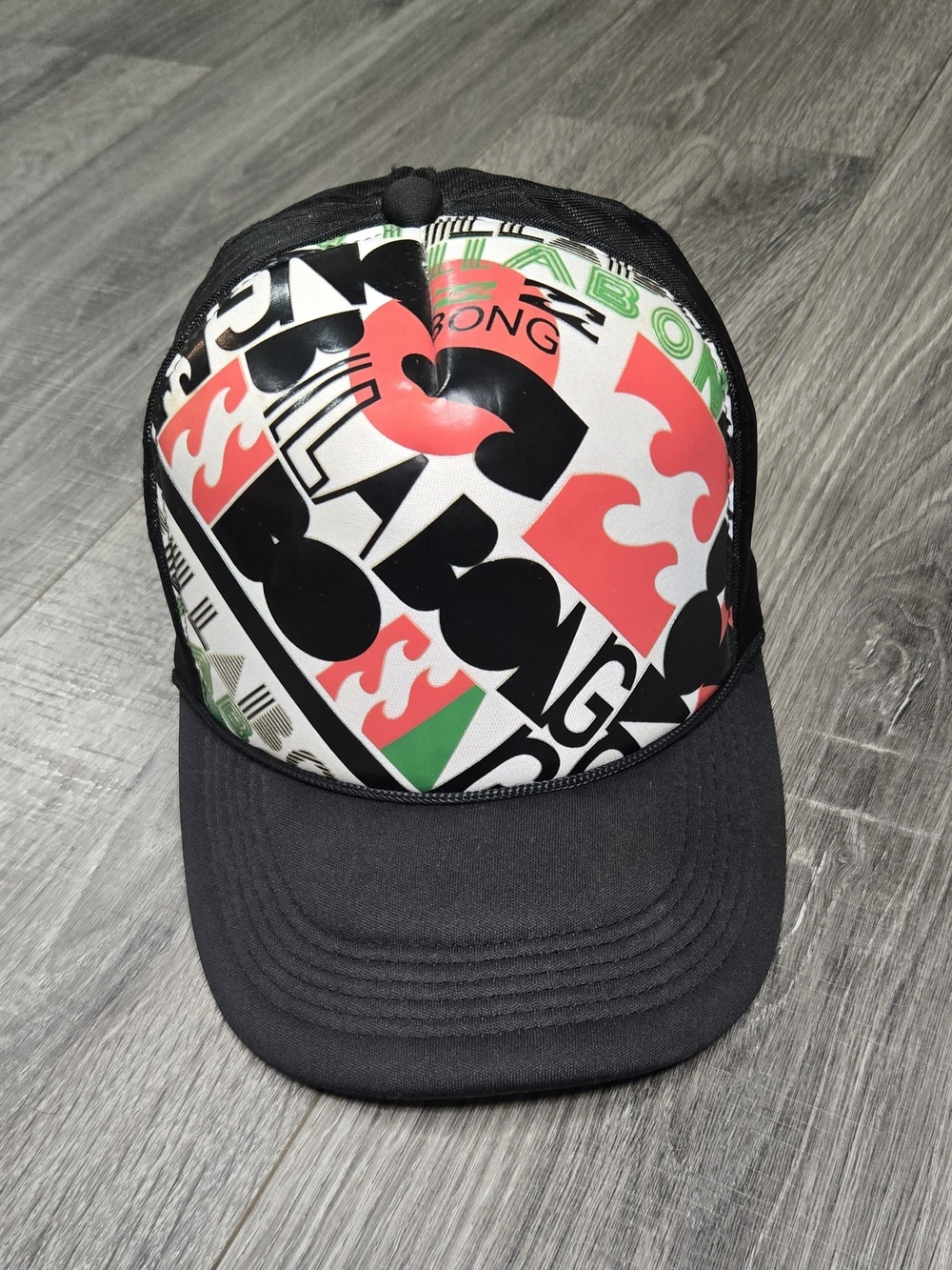 Billabong Y2K Graffiti Graphic Mesh Trucker Snapback Hat.